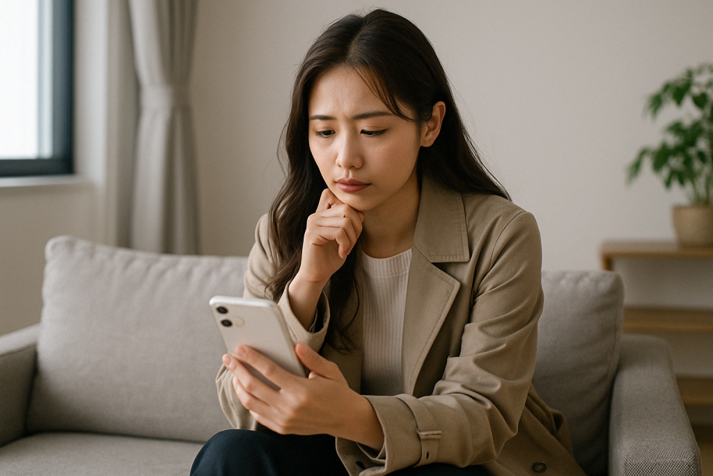 自宅のソファで女性がスマホを見つめながら真剣に考えている。彼の気持ちを知りたくて行動する前に、冷静に状況を整理しようとしている