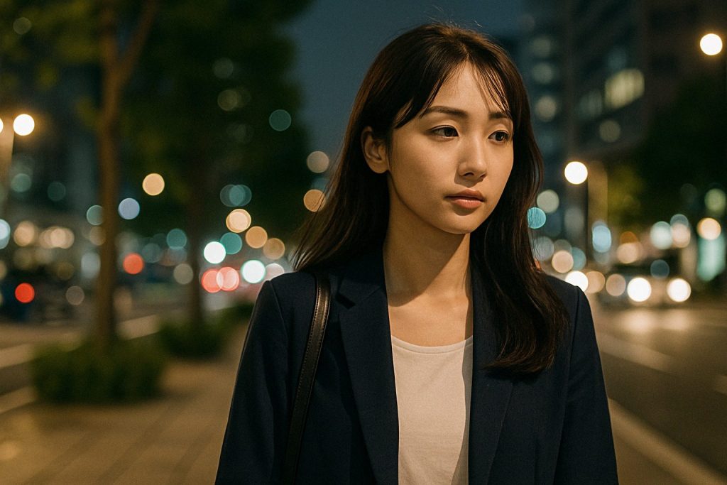 夜の街をひとりで歩く女性。表情はどこか切なく、それでいて前を見据えるような静かな強さが漂う