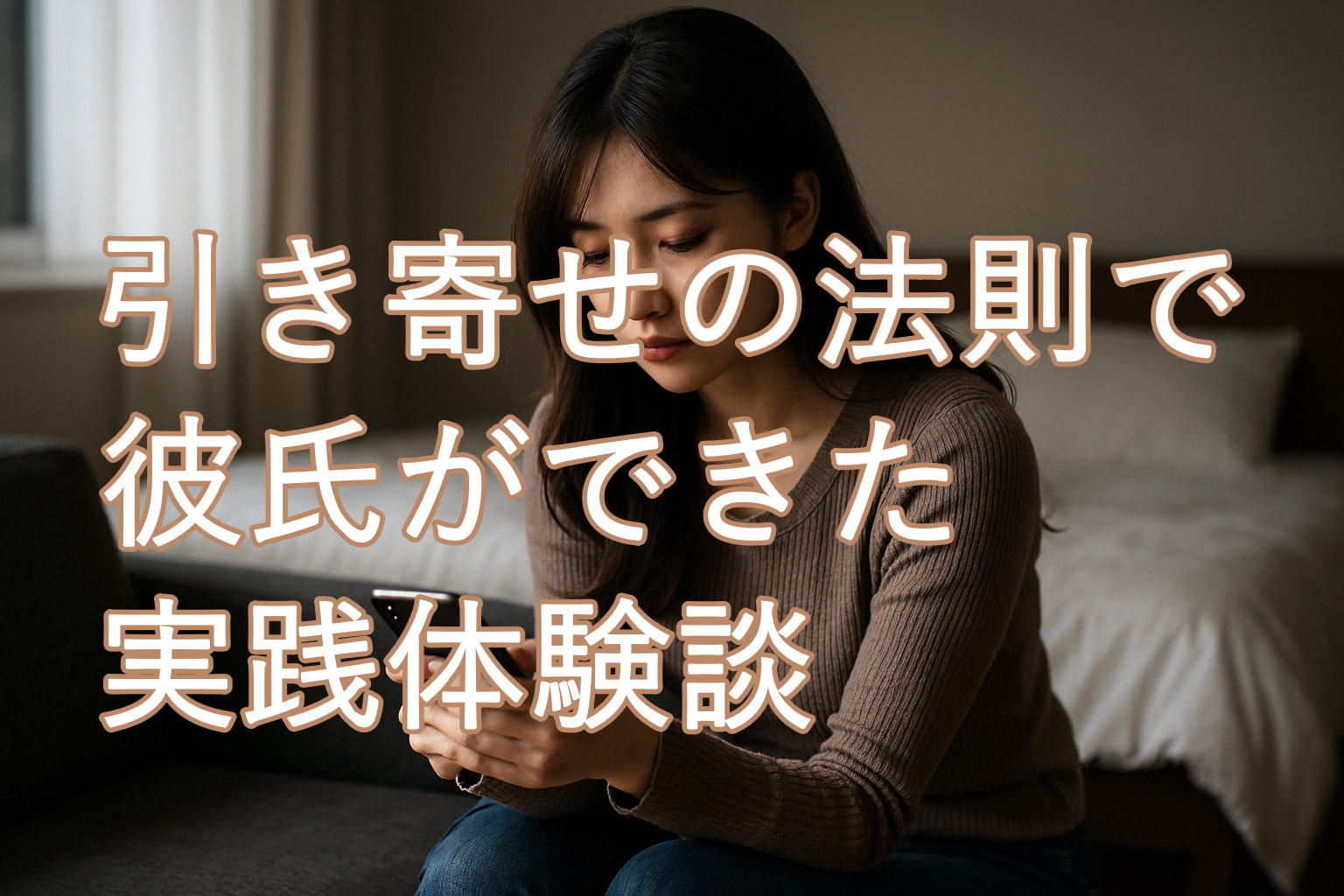 ベッドに寄りかかりながら、真剣な表情でスマホを見つめる女性。恋を叶えたい思いと向き合いながら、答えを探している