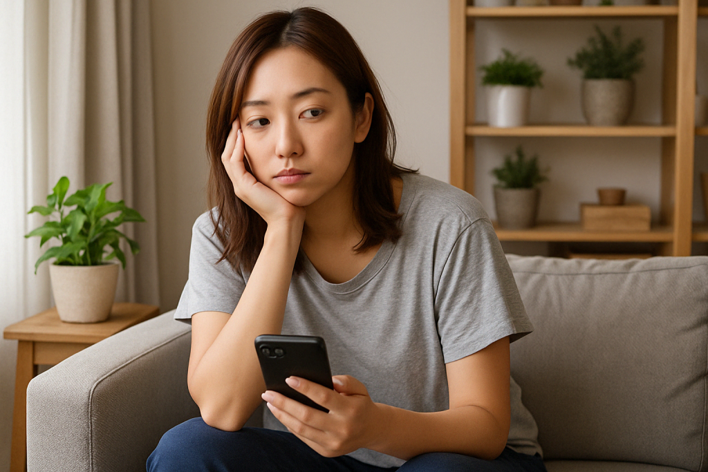 自宅のソファでTシャツ姿の女性が頬に手を当て、スマホを見つめながら戸惑いと驚きが混ざった表情を浮かべている。占いで言われた通りの行動を彼がしていたと気づき、混乱している