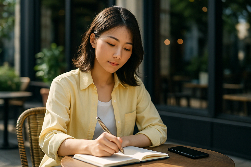 朝のカフェのテラス席でノートを広げ、穏やかな表情で自分の気持ちを書き留めている日本人女性。明るいシャツとデニムのカジュアルな服装で、光に包まれながら内省する時間を過ごしている