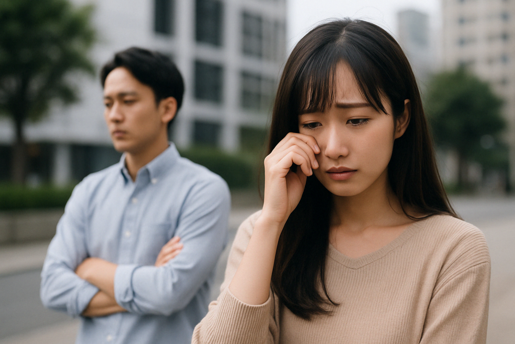 町中で話合う男女。女性は涙をこぼし、男性は腕を組んで不機嫌な表情を浮かべている。ソウルメイトだと信じていた彼との別れを受け入れきれず、心が揺れている