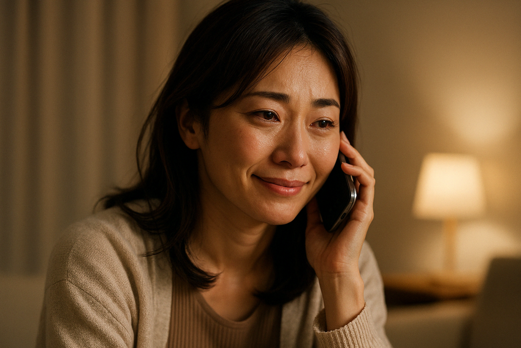 自宅でスマホを耳に当てながら、笑顔のままそっと涙を流す女性。電話占いで気持ちを受け止めてもらい、張りつめていた心がほどけていく