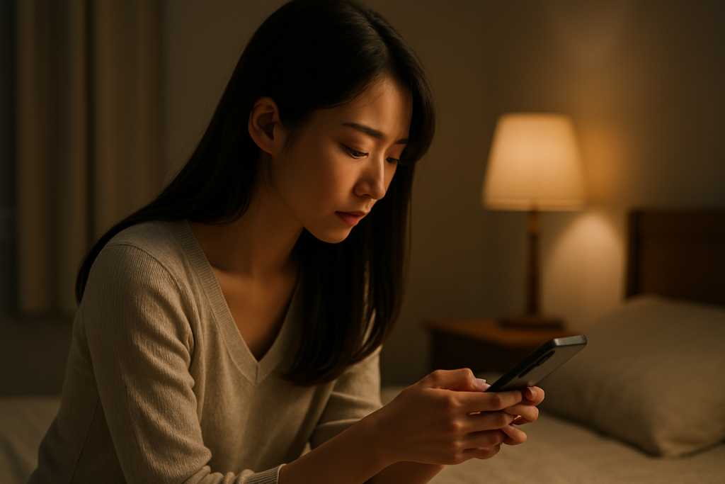 間接照明だけが灯る薄暗い部屋で、ベッドに座って無表情でスマホを見つめる女性。自分から連絡できず、ただ時間だけが過ぎていった日々