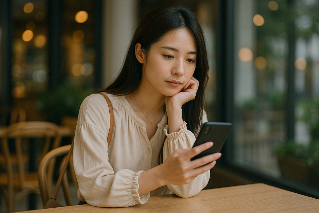 昼間のカフェで椅子に座り、オシャレな服を着た女性がスマホを真剣に見つめている。自分に合った占いサービスを選ぶために、じっくり比較している