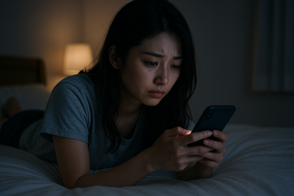 真っ暗な部屋でベッドにうつ伏せになり、スマホの光に照らされた真剣な表情で画面を見つめる女性。ふと目に入った占いという言葉に心が反応し、無意識に引き込まれていく