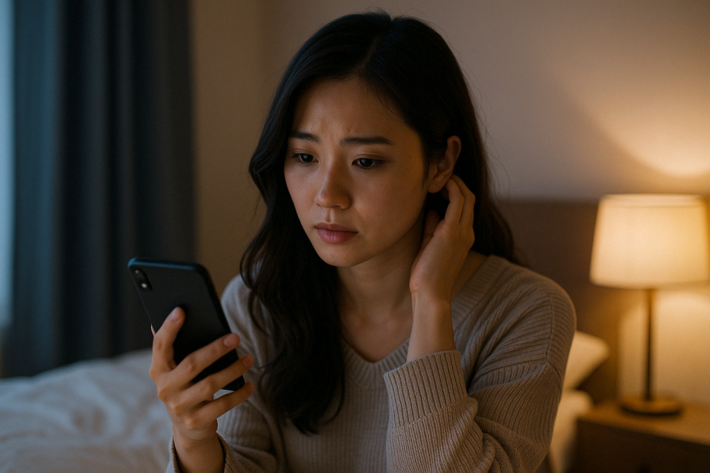 夜の自宅で女性が真剣な表情でスマホを見つめている。スピリチュアルな意味を持つソウルメイトという存在に、本気で向き合おうとしている