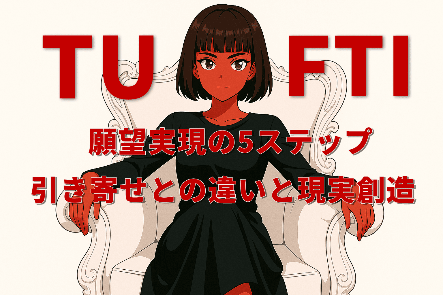 アニメ風に描かれた黒いドレスをまとった女性が、白い装飾椅子に座って正面を見つめている。神秘的で静かな存在感が印象的な構図。