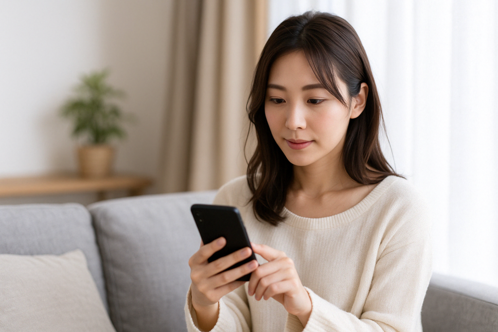 自宅のソファでスマホをタップしながら、少し微笑む女性。エンジェルナンバー『1111』の恋愛における意味を知り、前向きな期待が芽生え始めている