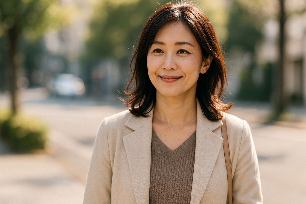 昼間の住宅街を歩きながら、笑顔を浮かべる女性。電話占いで言われた言葉がきっかけとなり、心に少しずつ前向きな変化が訪れている