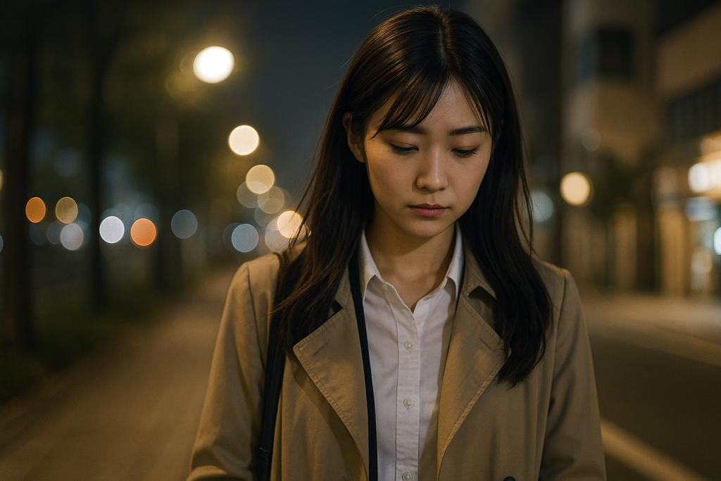 夜の帰り道、街灯の下で下を向いて歩く20代の日本人女性。事務服にコートを羽織り、静かな虚しさと内省を感じさせる表情で歩いている。背景はぼんやりと光る都市の灯り。