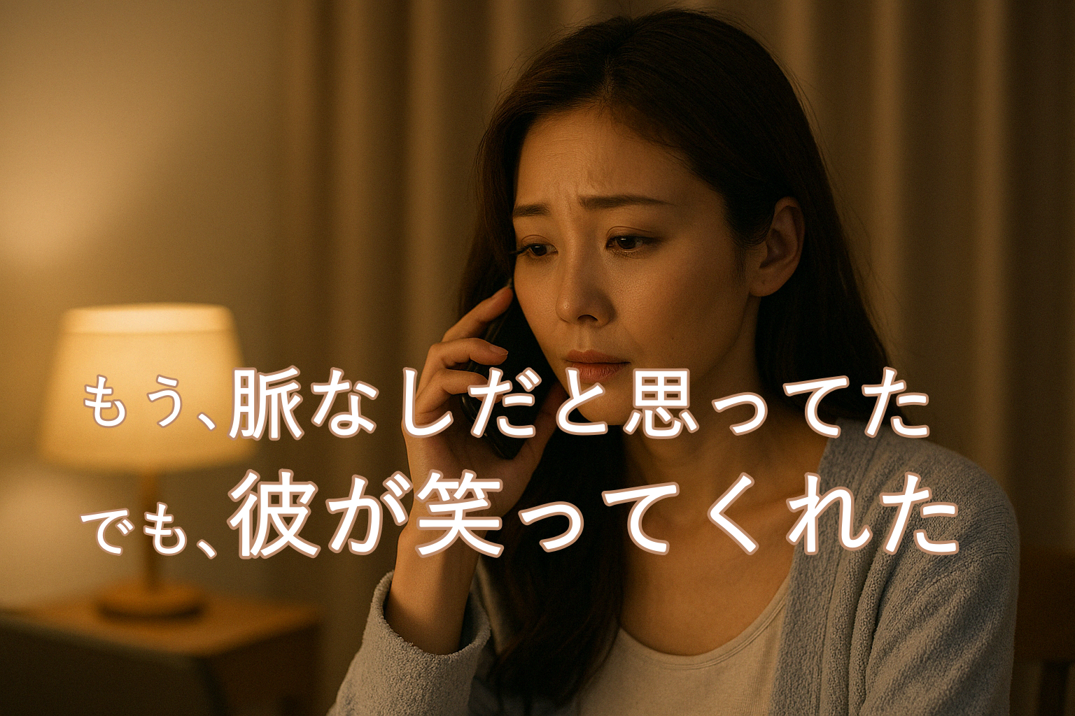 夜の静かな部屋で、電話をしながらそっと涙をこぼす女性。脈なしの恋に悩みながらも、占いの言葉に心を動かされている