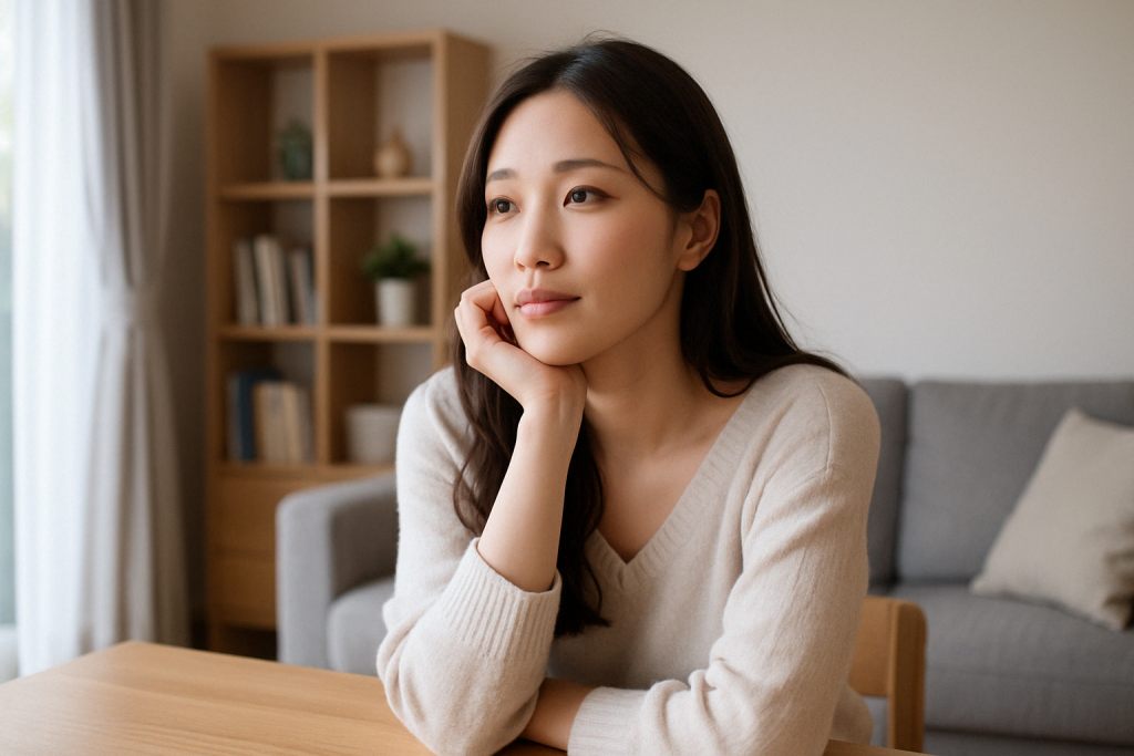 自宅でテーブルに肘をつき、吹っ切れたような笑顔を浮かべる女性。『諦めた人こそ幸せになれる』という言葉に、何かがふっと軽くなった瞬間