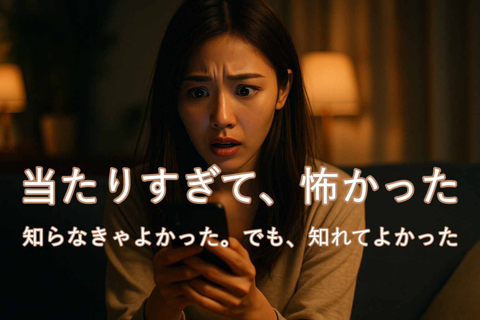 夜の薄暗い部屋で両手にスマホを持ち、驚きと動揺の入り混じった表情を浮かべる女性。占いの内容があまりに的中していて、思わず息をのんでいる