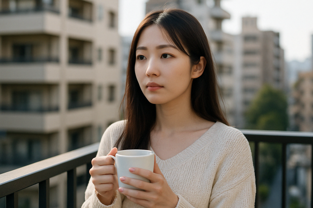 朝のベランダでホットドリンクを手にしながら遠くを見つめる20代の日本人女性。柔らかいニットの家着をまとい、静かに思いを巡らせている。