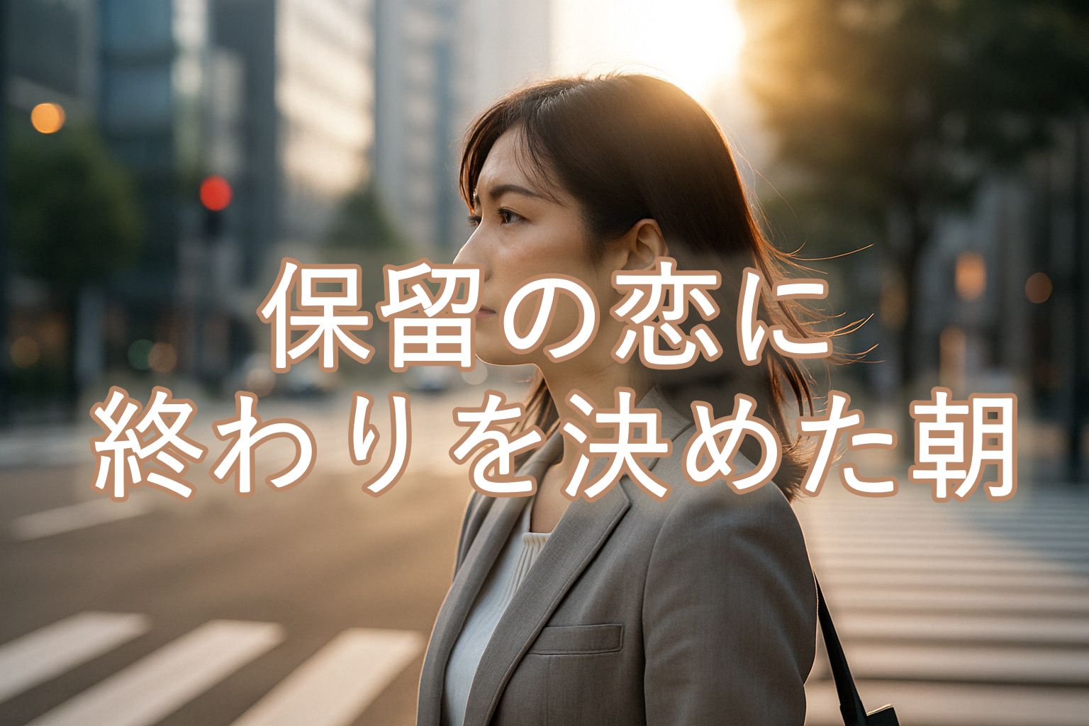 朝の繁華街で、グレーのスーツを着た日本人女性が立ち止まり、微笑みながら前を見つめている。後光のような朝の光が差し込み、決意と前向きさを感じさせる雰囲気