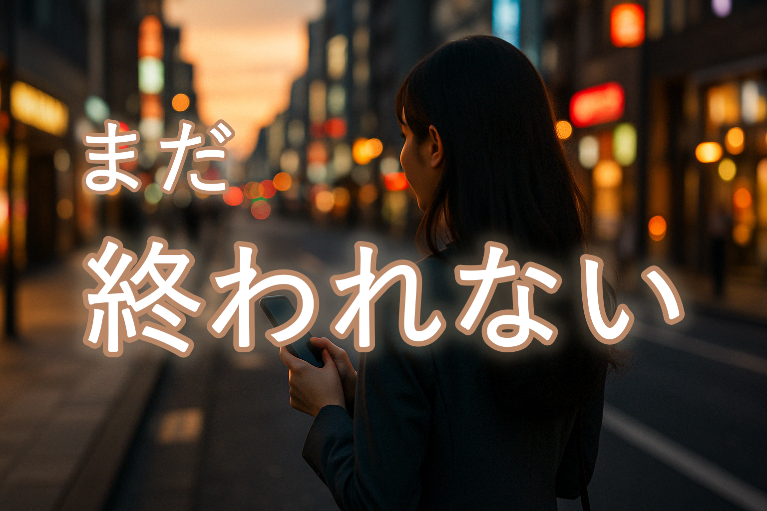 夕暮れの街でスマホを手に立ち尽くす女性の後ろ姿。彼に連絡すべきか迷いながら、そっと画面を見つめている静かな決意の瞬間