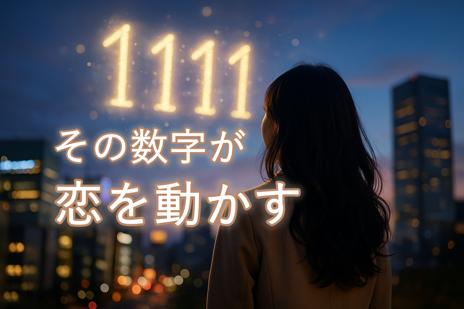 夜の街を背に、女性が夜空に浮かぶ『1111』の光を見上げている。エンジェルナンバーのサインを静かに受け取り、運命の気配を感じている神秘的な瞬間
