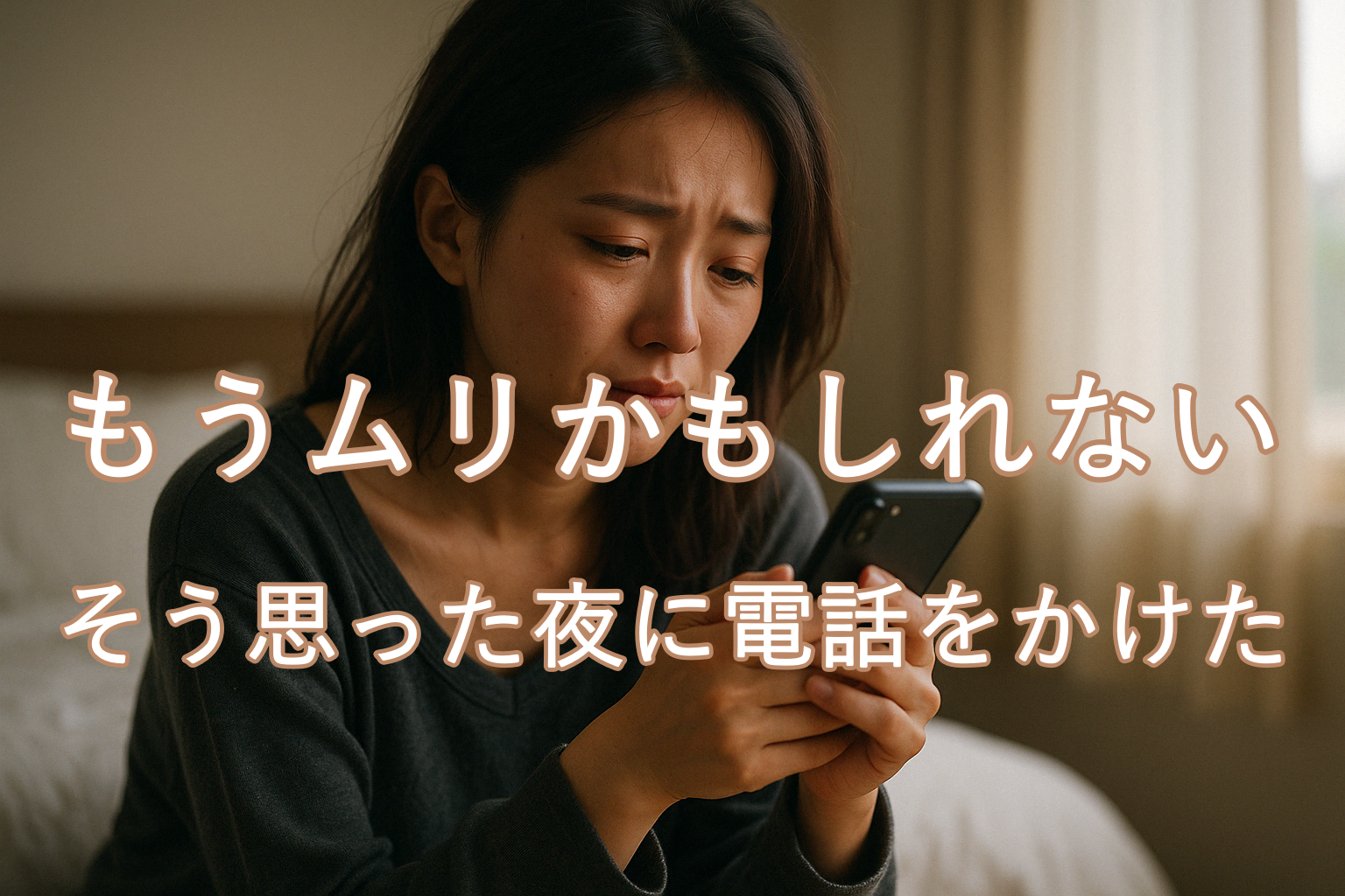 昼間の自宅でベッドに座り、スマホを手に涙を流す女性。恋愛がうまくいかず、占いに頼りたくなるほど心が苦しくなっている