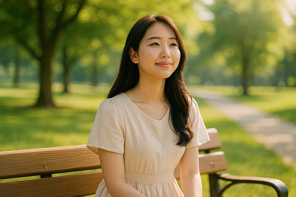晴れた昼下がりの公園でベンチに座る女性。穏やかな笑みを浮かべ、前を向いて未来を見つめている