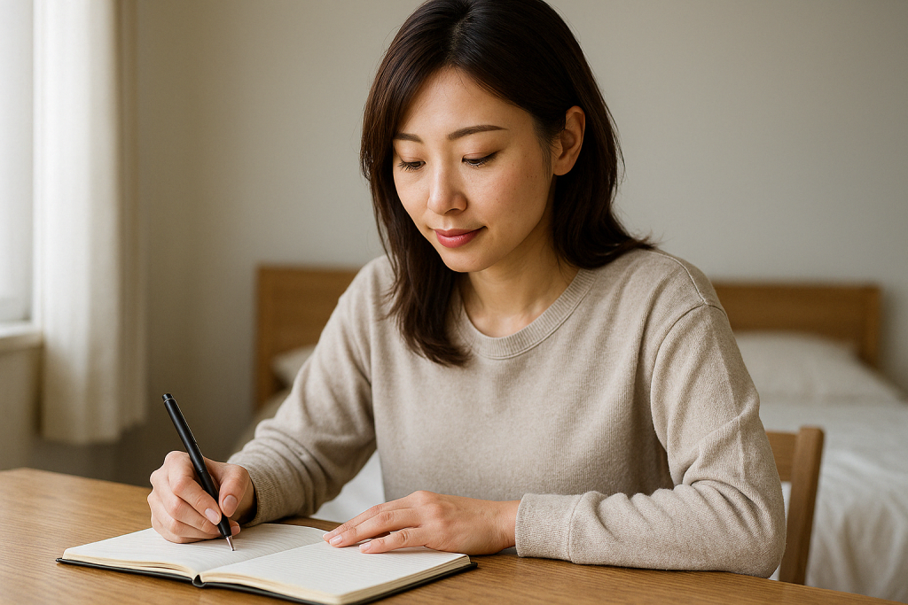 自宅でノートとペンを手に、少し笑顔を浮かべながら理想の彼氏像を書き出している女性。小さな行動が、恋を引き寄せるきっかけに