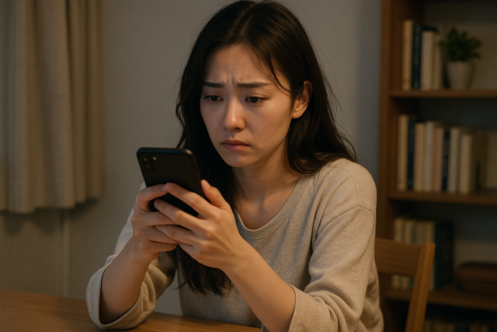 自宅で椅子に座り、スマホを両手に持って真剣な表情を浮かべる女性。彼氏と別れる夢の裏に隠れた意味を、検索しながら確かめようとしている