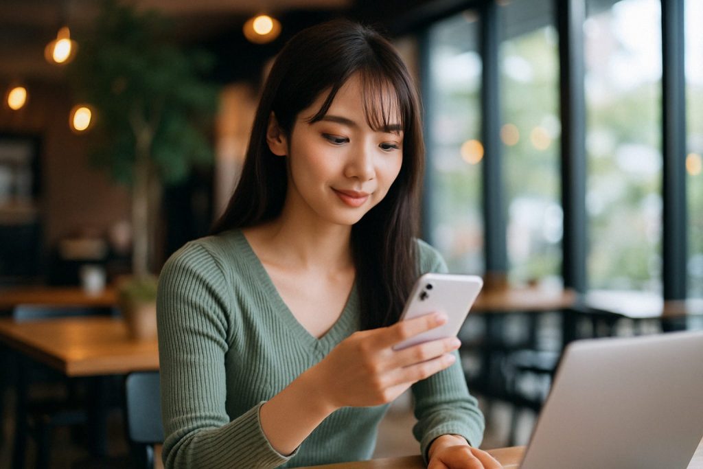 カフェでスマホを見つめる女性。優しい表情で画面を見ながら、前向きな気持ちが伝わってくる日常のワンシーン