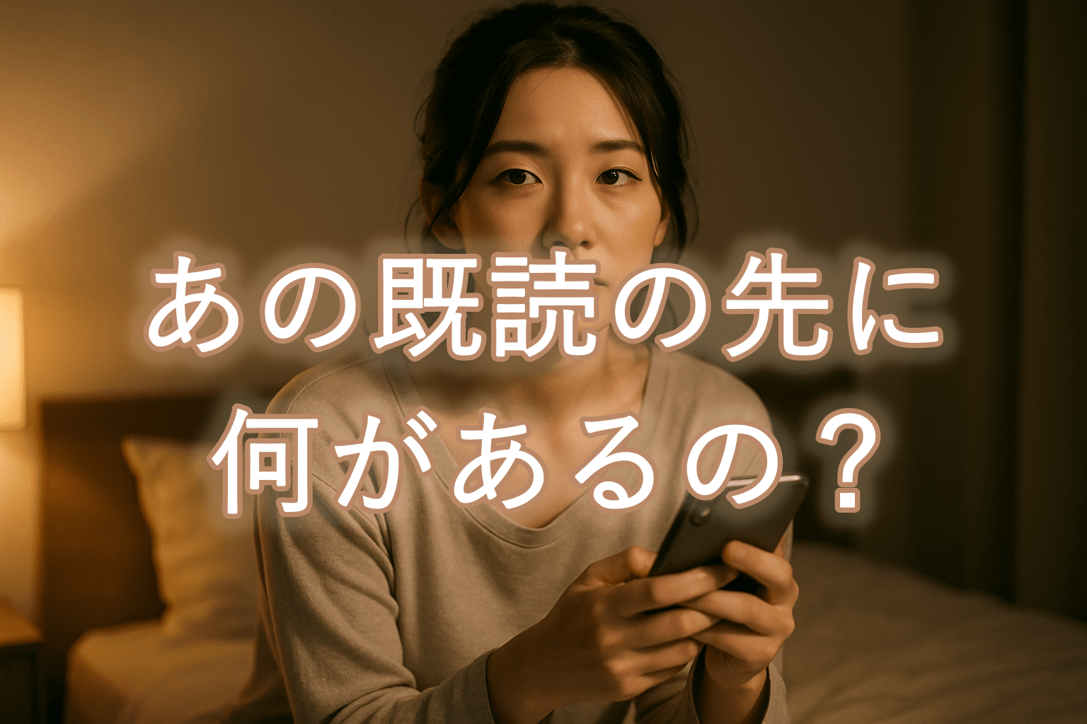 夜の静かな寝室で、ベッドに腰かけてスマートフォンを見つめる20代後半の日本人女性。淡い色のルームウェアを身につけ、大人っぽい落ち着いた表情で画面の外を見つめている。背景には間接照明の柔らかな光が広がり、揺れる感情を映すような雰囲気が漂っている。