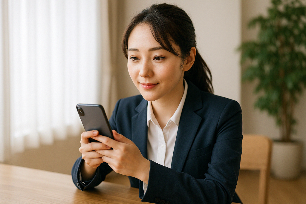 自宅の机に向かって椅子に座り、スーツ姿でスマホを両手に持ちながら微笑む女性。半信半疑ながらも、“引き寄せ”に少し惹かれ始めている
