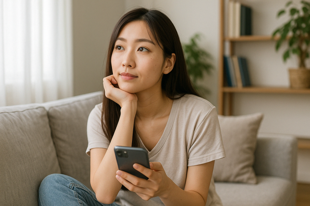 昼間の自宅でソファに座り、スマホを手にしたまま真剣な表情で遠くを見つめている女性。ふと『1111』が目につくような恋のタイミングに気づき始めている