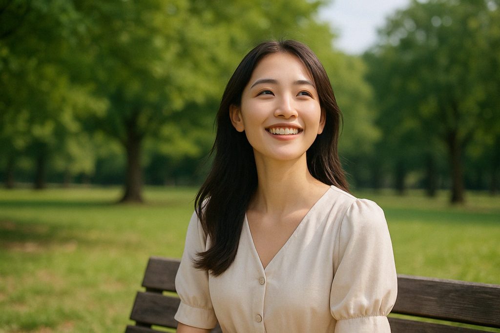 公園のベンチで未来を見つめるように微笑む女性