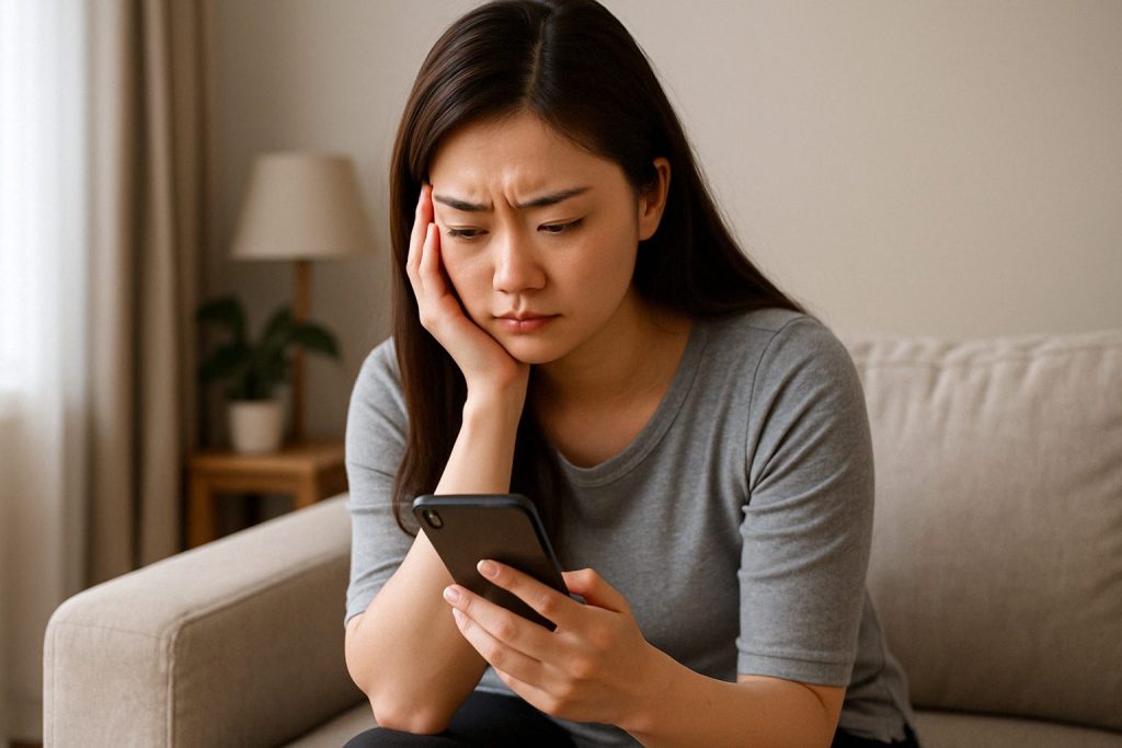 昼間の自宅でスマホを手にしながら悩む女性。連絡したい気持ちを抑え、あえて“待つ”という選択をしている葛藤の瞬間