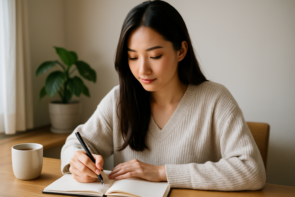 朝の光が差し込む部屋で、ノートに静かに何かを書き込む20代の日本人女性。リラックスしたニットを着て、そばにはコーヒーカップと観葉植物。前向きな気持ちで新しい一日をスタートしている様子。