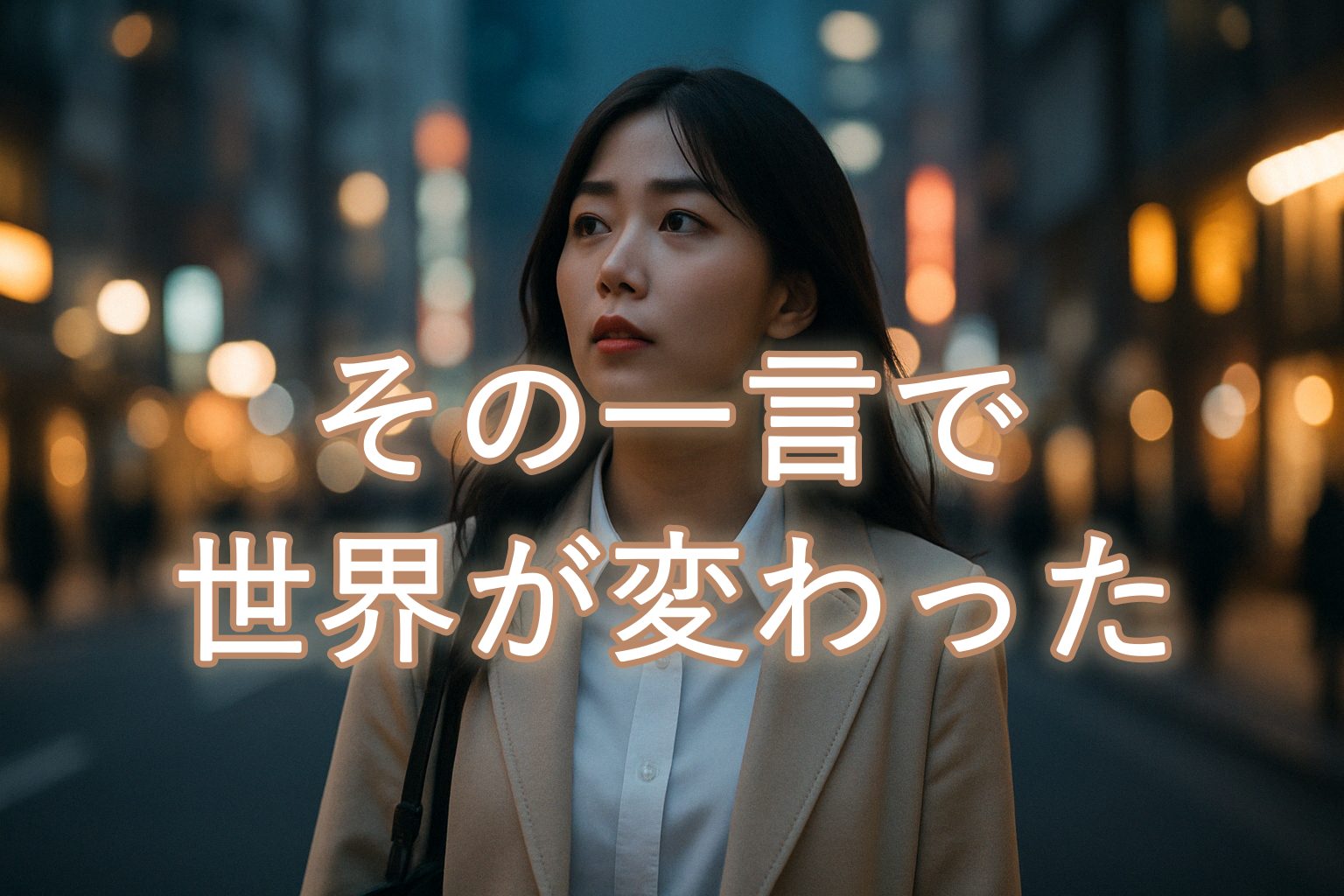 夕方の街で前を見つめる女性。迷いながらも心に決めた想いを胸に、一歩踏み出そうとしている決意の表情