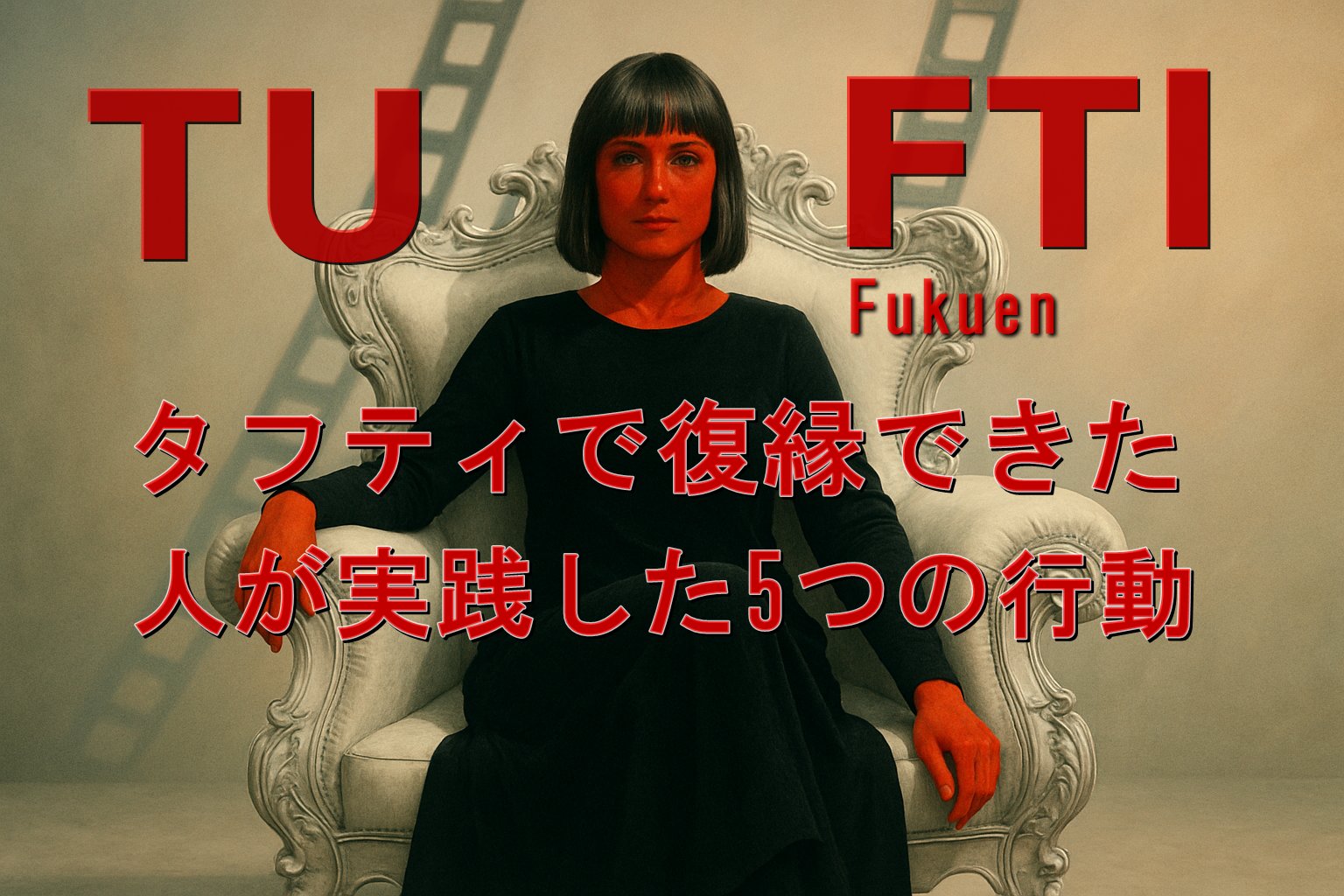豪華な白い椅子に静かに座る黒髪ボブの女性。顔と手は赤く染まり、無表情で前を見つめている。背景には映画のフィルムのような影が映っており、幻想的で神秘的な雰囲気が漂う横長写真。