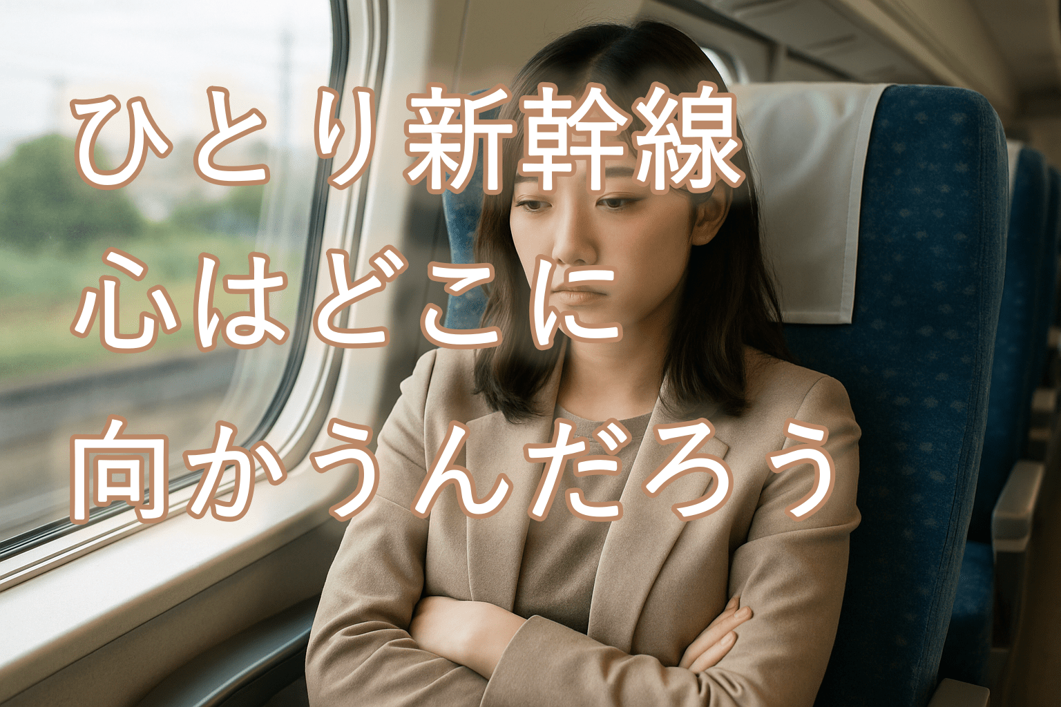 新幹線の座席に座り、窓の外をぼんやりと見つめる20代の日本人女性。フォーマル寄りのカジュアルな服装で、物思いにふける表情。
