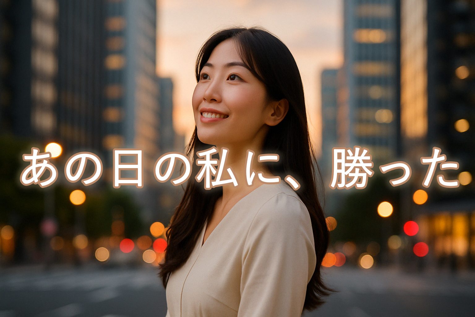 夕暮れのビル街で空を見上げて微笑む女性。柔らかい光に包まれた表情には、新たな一歩を踏み出す前向きな気持ちがにじんでいる