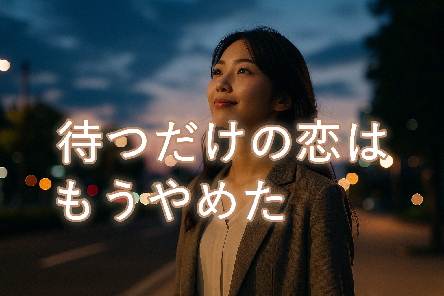 夕暮れの街を背景に、希望を胸に微笑む女性。前を向く強さと優しさがにじむ表情