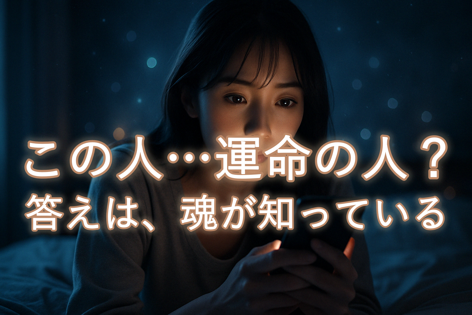 深夜2時の暗い部屋で、スマホの明かりだけに照らされた女性の顔。眠れない夜、恋に迷いながらも、答えを探して静かに画面を見つめている