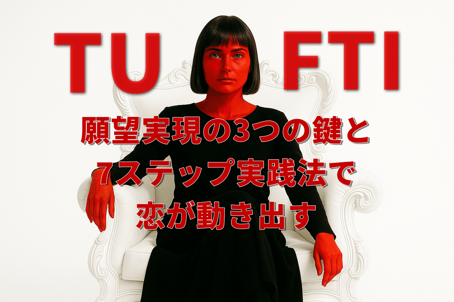 白いクラシック調の椅子に座り、正面を静かに見つめる黒いワンピースの女性。背景は白、顔と手が赤く塗られており、神秘的かつ象徴的な雰囲気を醸し出している。