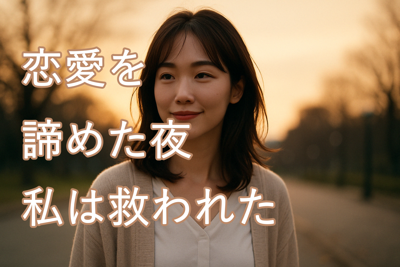 夕方の街路樹のそばで、笑顔を浮かべながら遠くを見つめる女性。恋愛を手放したあと、自分の心と向き合いながら少しずつ前を向いて歩き始めている