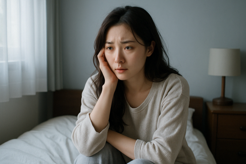 朝、自宅のベッドで体育座りをしながら頬に手を当てる女性。髪を乱し真剣な表情で、彼氏と別れる夢の意味について考え込んでいる
