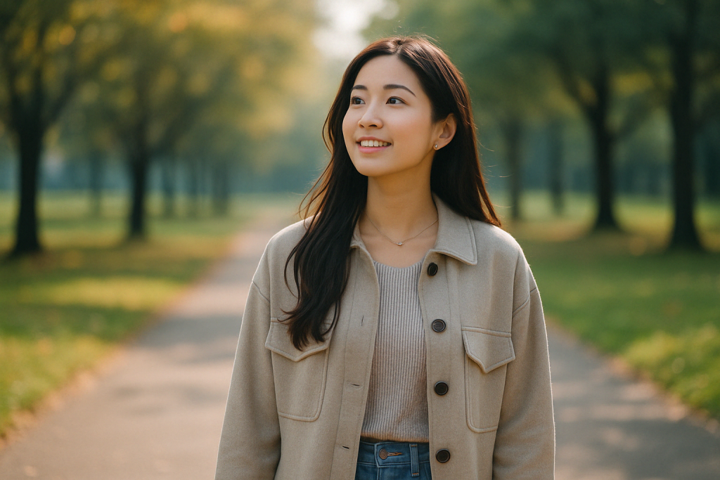 公園をジーパン姿で散歩しながら、やわらかく微笑む女性。恋愛がうまくいかないのは自分だけじゃないと気づき、少しずつ心が前を向いている