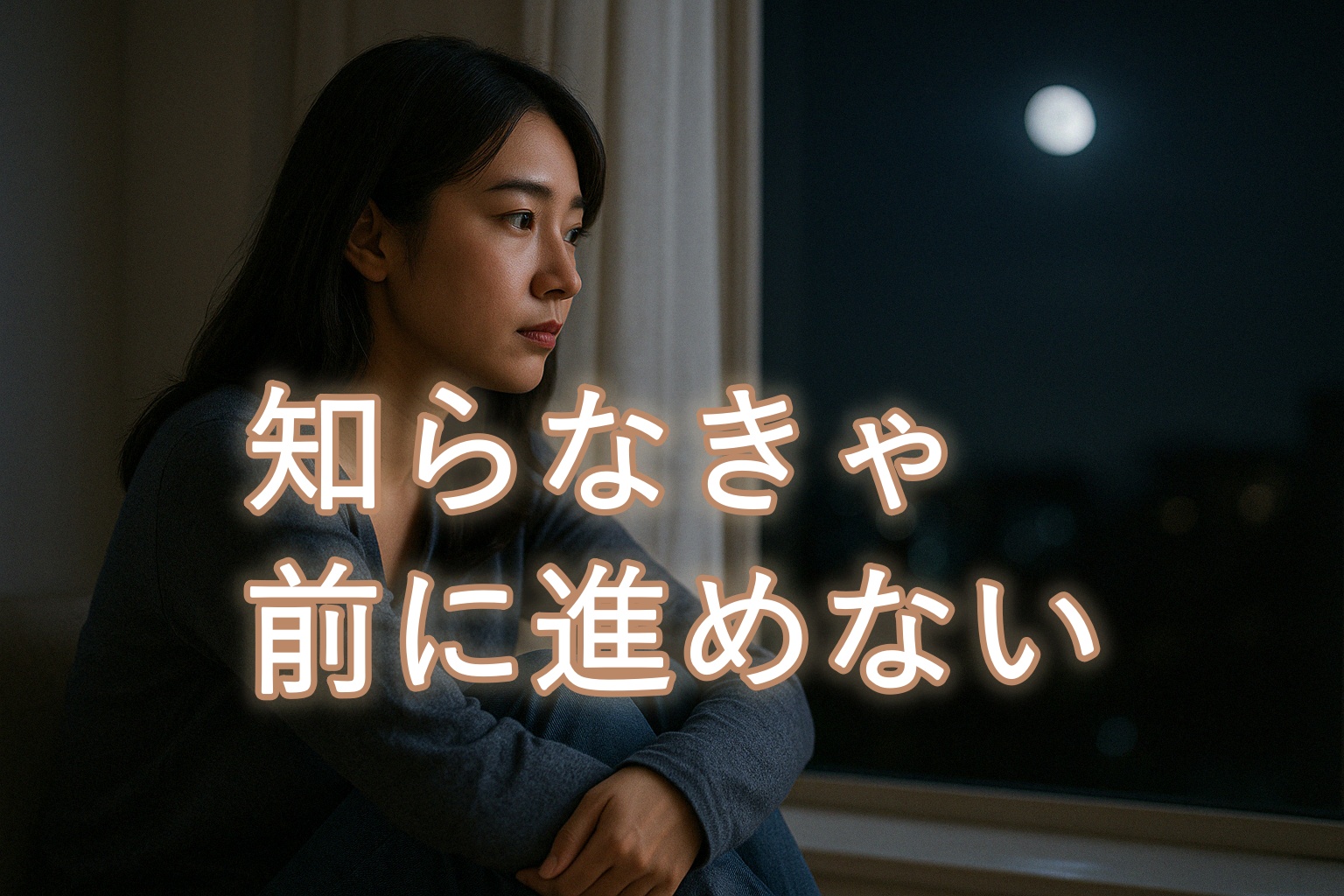 夜の窓辺で月を見つめながら物思いにふける女性