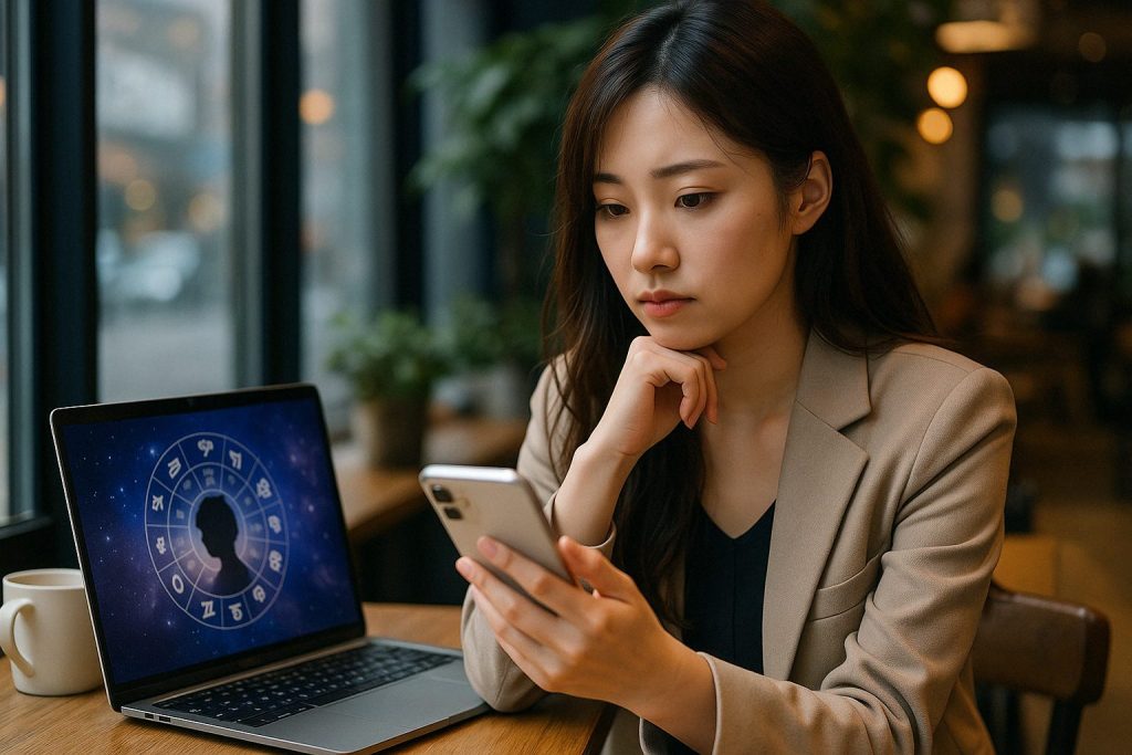 占いサイトを見ながら、元彼の今の気持ちをスマホで確かめようとする女性