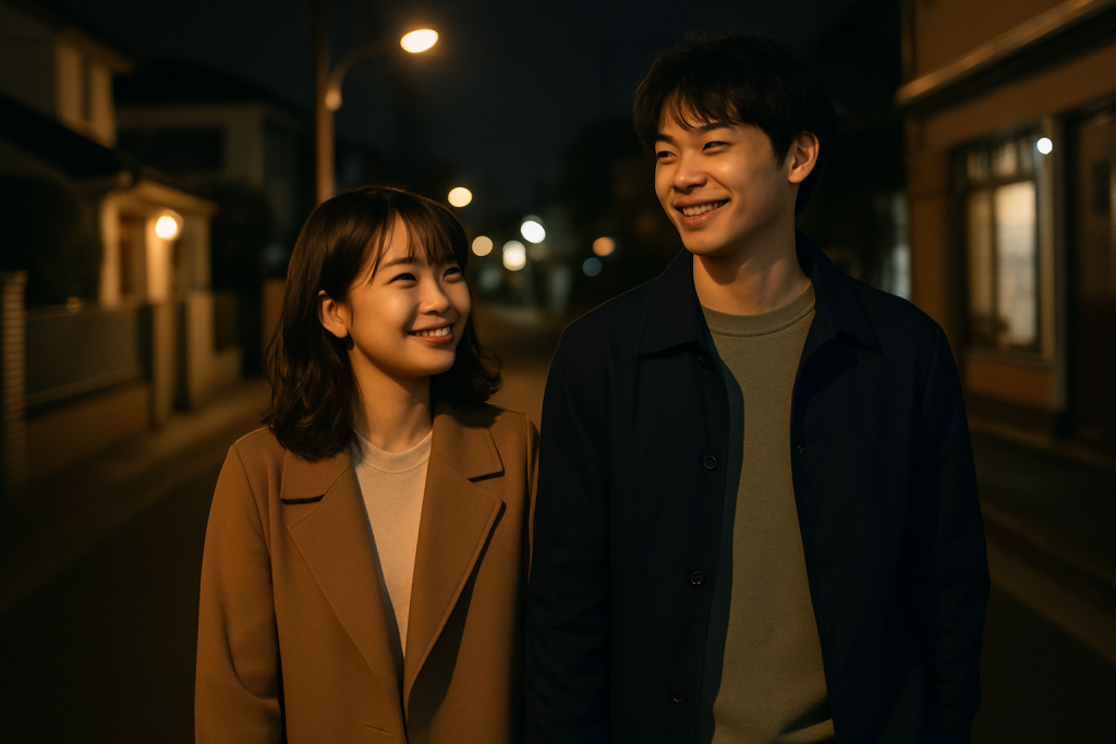 夜の住宅街を歩くカップル。落ち着いた色のコートを着た20代の日本人女性が、男性の隣でうれしそうに微笑みながら歩いている。二人は手をつないでいないが距離は近く、街灯に照らされてあたたかな空気が漂っている。