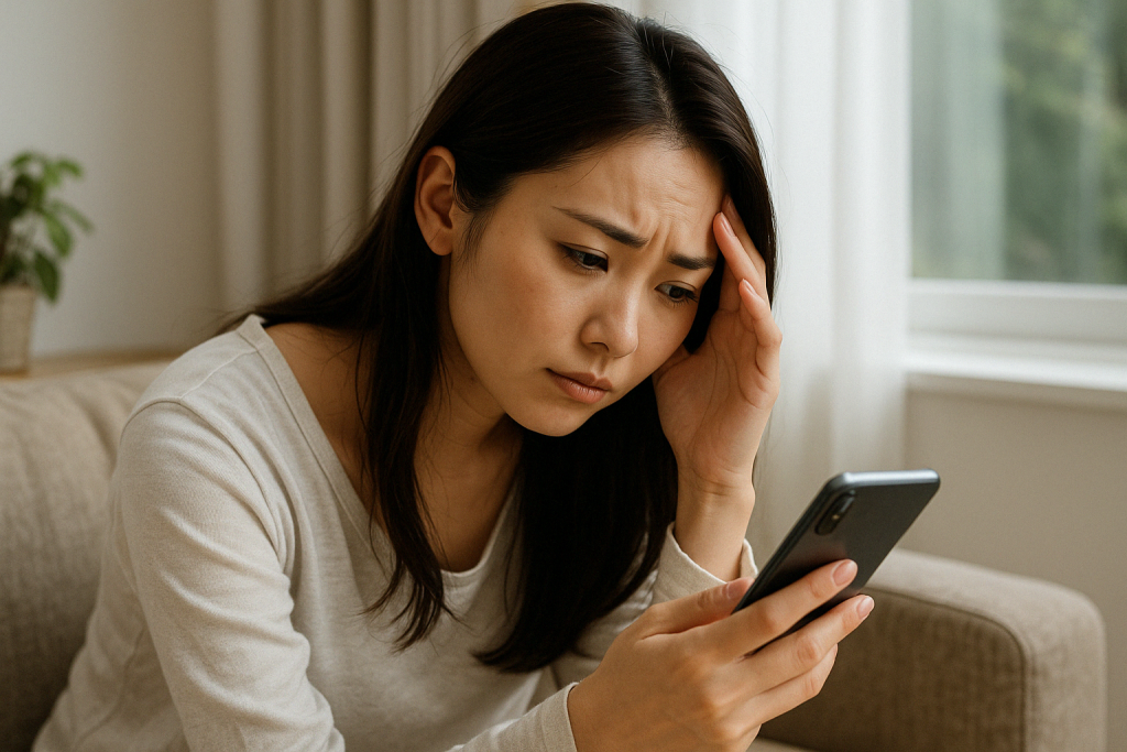 昼間の自宅でソファに座り、頭を抱えてスマホを見つめる女性。ソウルメイト診断のチェックリストが当てはまりすぎて、戸惑いや焦りを感じている様子