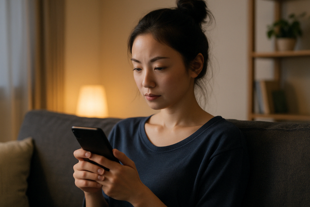 自宅のソファで両手にスマホを持ち、真剣な表情で画面を見つめる女性。占いに対して半信半疑のまま、心のどこかで少しだけ期待している