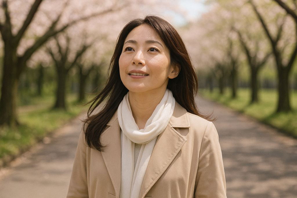 桜並木の下、コートを羽織り笑顔で空を見上げる女性。ツインレイとの出会いと別れを乗り越え、自分の人生を前向きに歩き出している