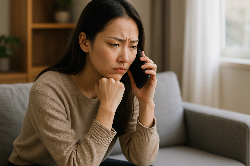 昼間の自宅でソファに座った女性が、真剣な表情で電話をしている。傷ついた心を少しずつ癒しながら、『私は悪くなかった』と思えるようになるための行動を始めている